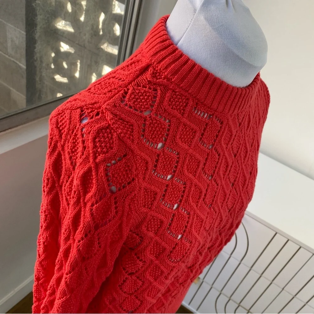 French Connection Fire Red Pointelle Knit Sweater, Size S, NWOT - Picture 3 of 6